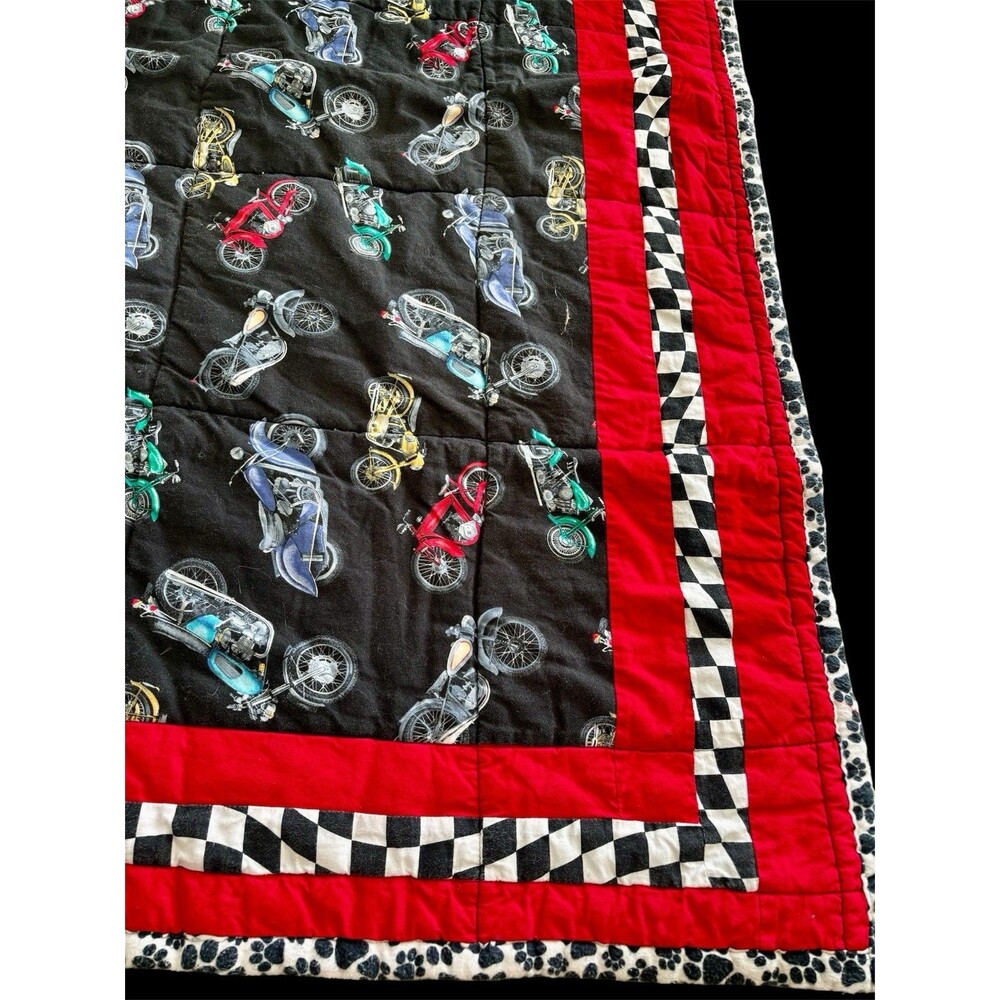 Handmade Motorcycle Checkered Racing Baby Patchwork Quilt Wall Hanging Red Black